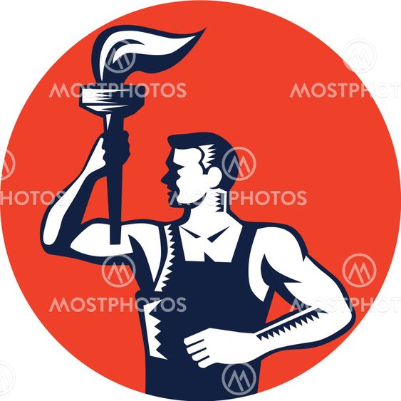 Worker Holding Up Flaming Torch Circle Woodcut