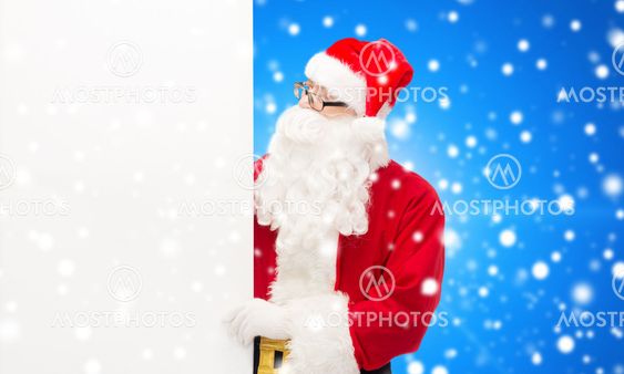 man in costume of santa claus with billboard
