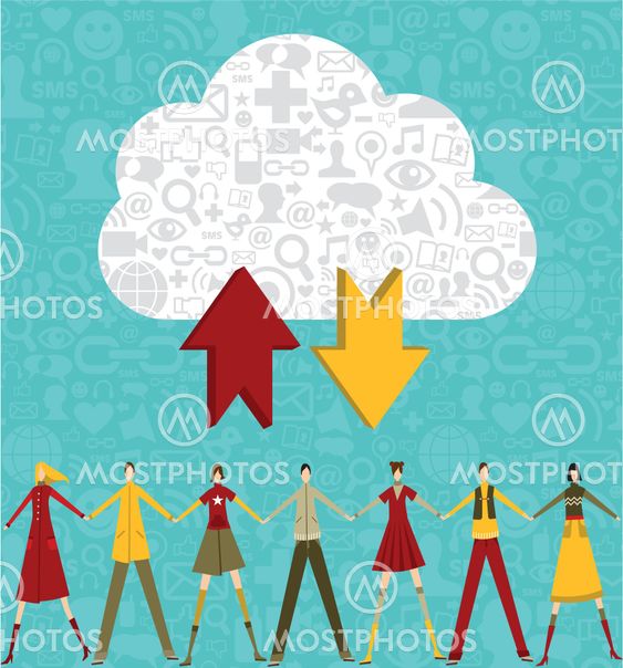 Cloud computing people over social icons set background.