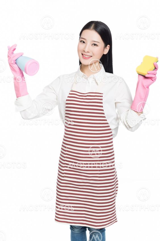 young woman cleaning on white