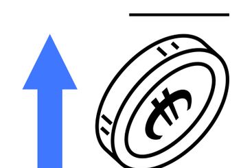 Rising coin with upward blue arrow indicating growth,...