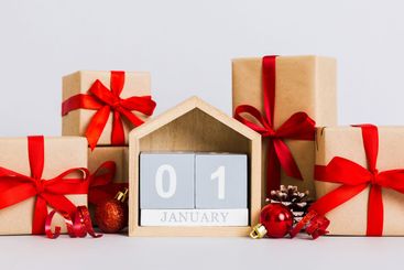 1 january. Christmas composition on colored background...