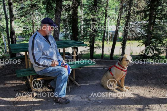 Mature Man at Campsite with Dog