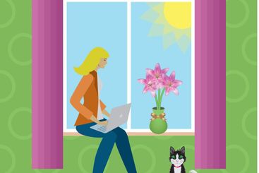 Work from home, woman in window with laptop.