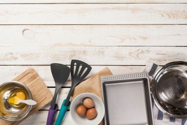 baking preparation, top view of a variety of baking...