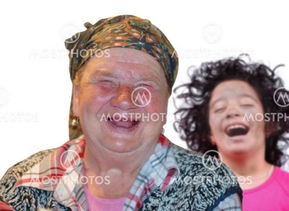 An old woman with red funny laughing face
