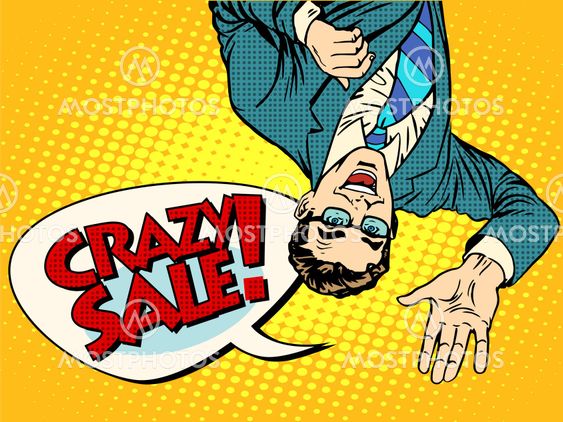 Crazy sale announcement man upside down