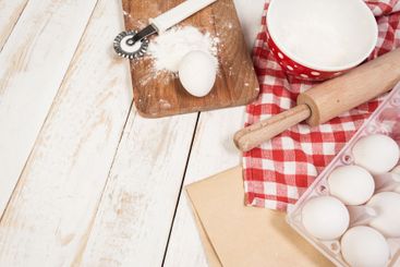 baking preparation, top view of a variety of baking...
