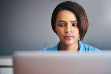 Remote work from home, thinking and woman with laptop,...