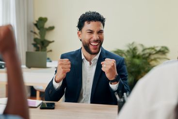 Happy, meeting and success with business man in office...