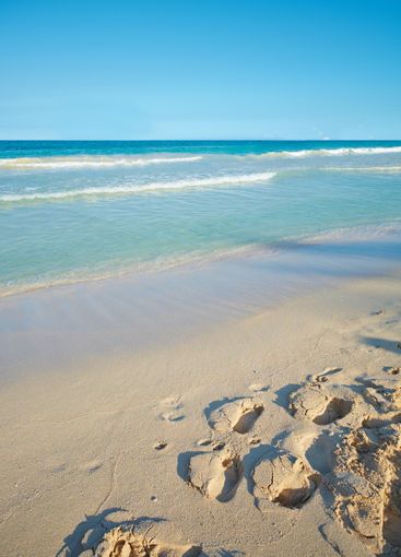 Blue sky, sand and travel with footprints at beach for...