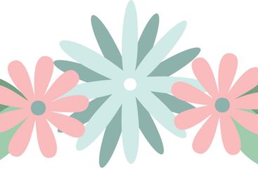 Three pastel colored flowers and leaves are arranged...
