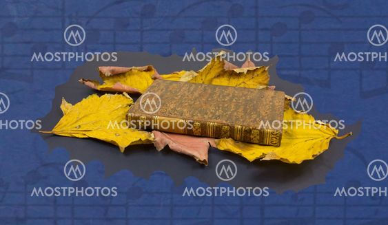 autumnal score, book and dead leaves on musical score