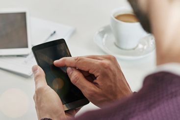 Office, phone screen and hands of business man with...