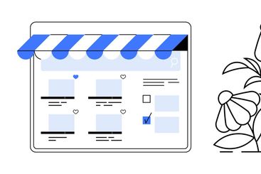 Business storefront webpage, blooming flowers, and...