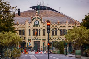 Valencia's North Central Train Terminal facade at dusk...