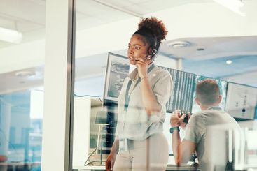 Control room, headset and worry with woman in airport...