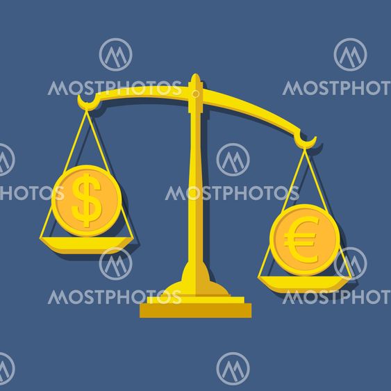 Scales with Dollar and Euro symbols. Foreign exchange forex conc