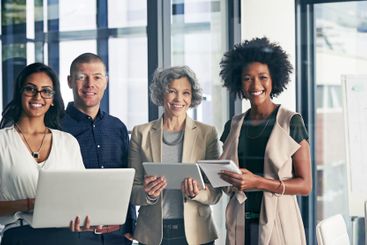 Business notebook, portrait and technology with teamwork...