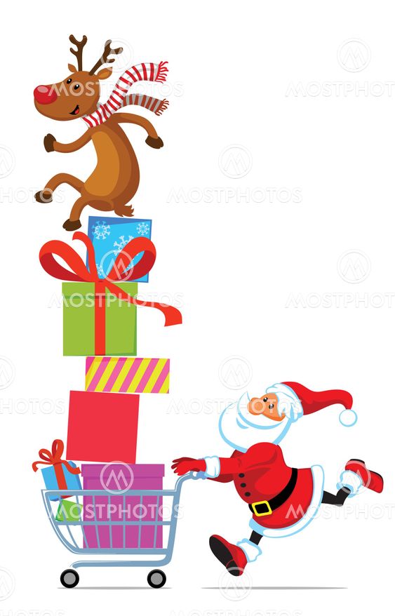 Santa Claus running with shopping cart full of gifts