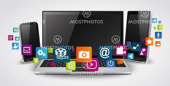 Tablet computer and mobile phones with colorful...