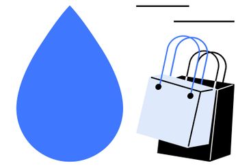 Blue water droplet and two shopping bags conveying...