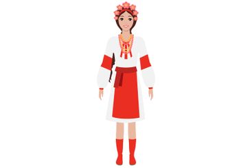 Traditional Female Costume with Floral Wreath and Red...