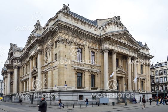Brussels, Belgium - April 2015: Classic old building houses the Brussels Stock Exchange built in the Neo-Renaissance and Second Empire architectural styles located near the Grand Place in Brussels, Belgium