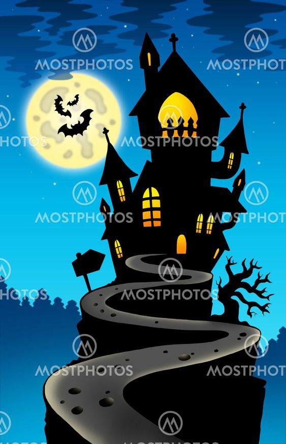 Haunted house on hill with Moon