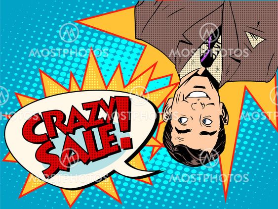 Crazy sale announcement man upside down