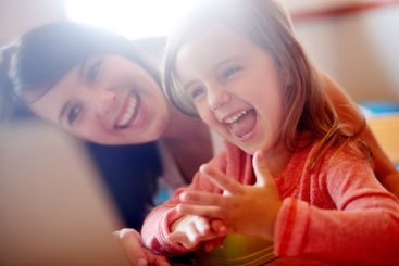 Fun, child and mom with laptop, home and streaming of...