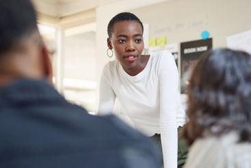 Presentation, discussion and businesswoman in office...
