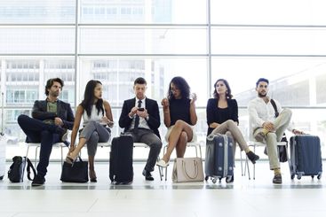 Flight, waiting room and people with suitcase, travel...