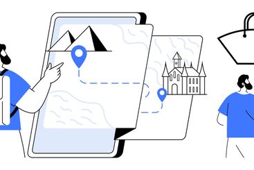 Travelers navigating map on tablet towards mountains and...