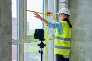 Industrial worker, woman measuring window with tape...