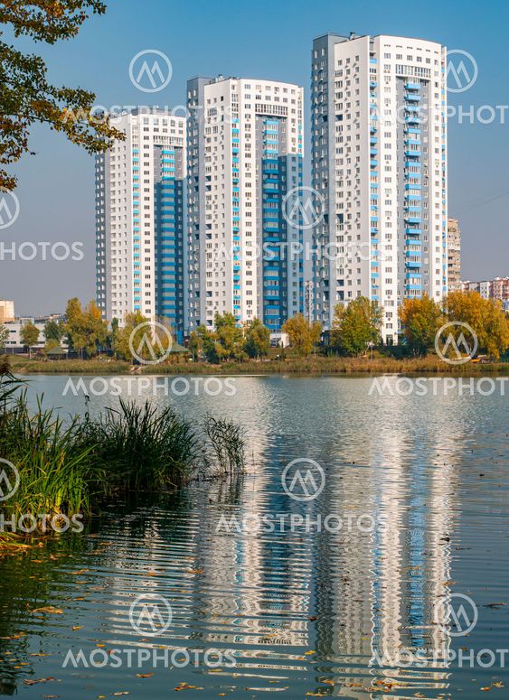 High-rise residential buildings of the city on the lake.