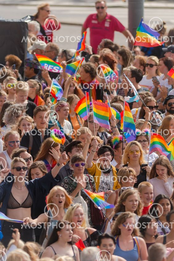 Young participants at the pride parade in Stockholm with...