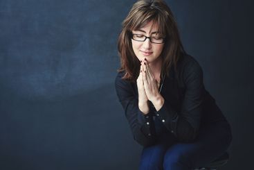 Hope, businesswoman and praying in studio with space for...