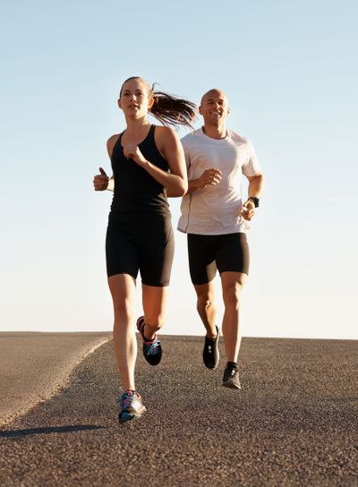 Morning, marathon and coach training woman as workout,...