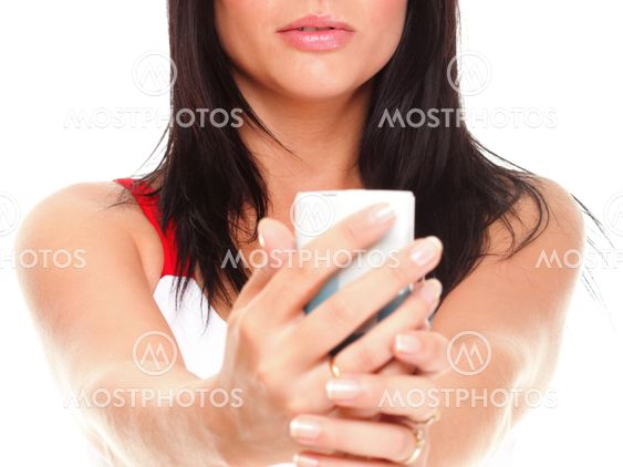 beautiful young woman with phone isolated