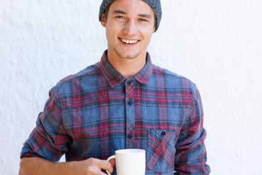 Fashion, portrait and man with coffee, joy and trendy...