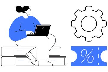 Businesswoman Using Laptop While Sitting on Books with...