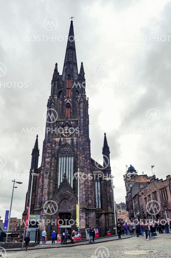 Edinburgh, Scotland - April 2018: Tron Kirk, former gothic church, now functioned as The Hub, venue for various events and festivals on Royal Mile, touristic street of Old Town Edinburgh City in Scotland, UK