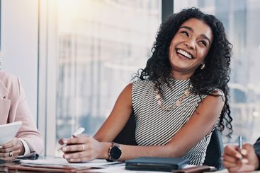 Conversation, happy and businesswoman in meeting for...