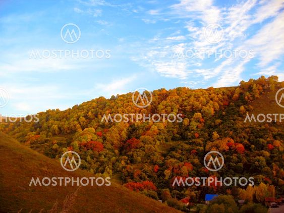 Golden autumn, blue sky and caucasus mountains