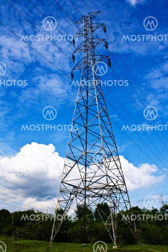 high voltage post.High-voltage tower blue sky background.