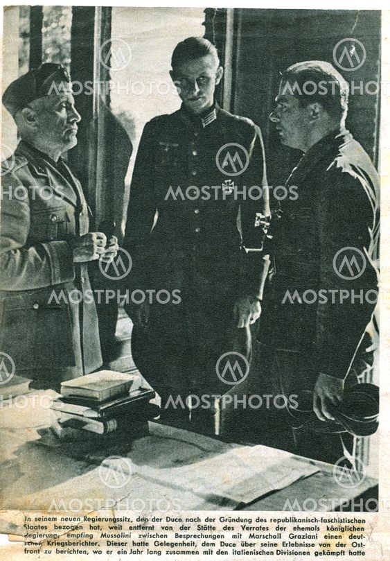 GERMANY, CIRCA 1943: Mussolini shown on a propaganda Nazi Die We