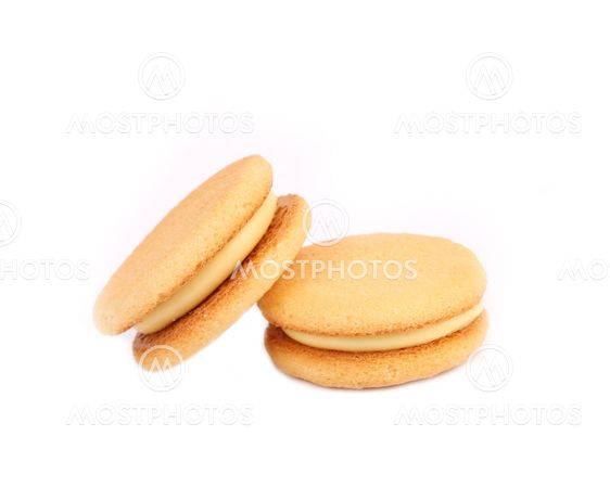 Biscuit sandwich with white filling. Close up.