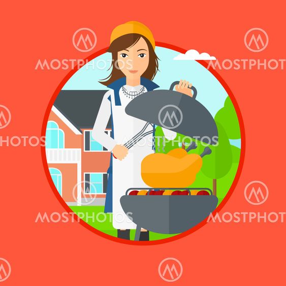 Woman cooking chicken on barbecue grill.