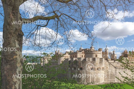 London, UK - April 2018: Exterior view of Her Majesty's Royal Palace and Fortress of the Tower of London, a historic castle and popular tourist attraction located on the north bank of the River Thames in central London, England
